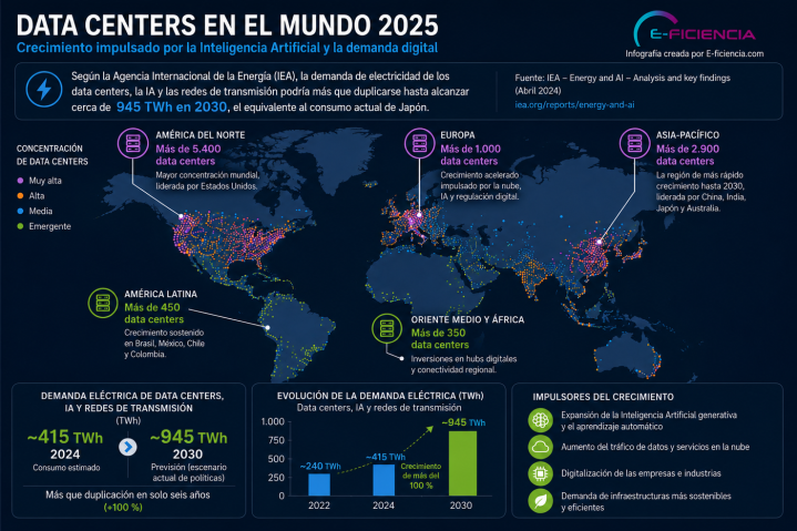 Infografía sobre el consumo energético de los data centers impulsado por la Inteligencia Artificial en 2025